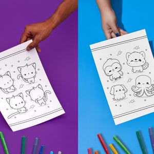 Instant download of 20 cute animal coloring pages in kawaii style, pastel baby animals and chibi drawings for kids and teens.
