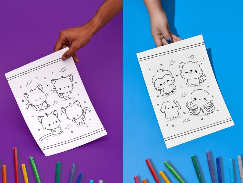 Instant download of 20 cute animal coloring pages in kawaii style, pastel baby animals and chibi drawings for kids and teens.