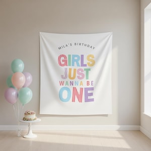 personalized baby girl 1st birthday backdrop with pastel name