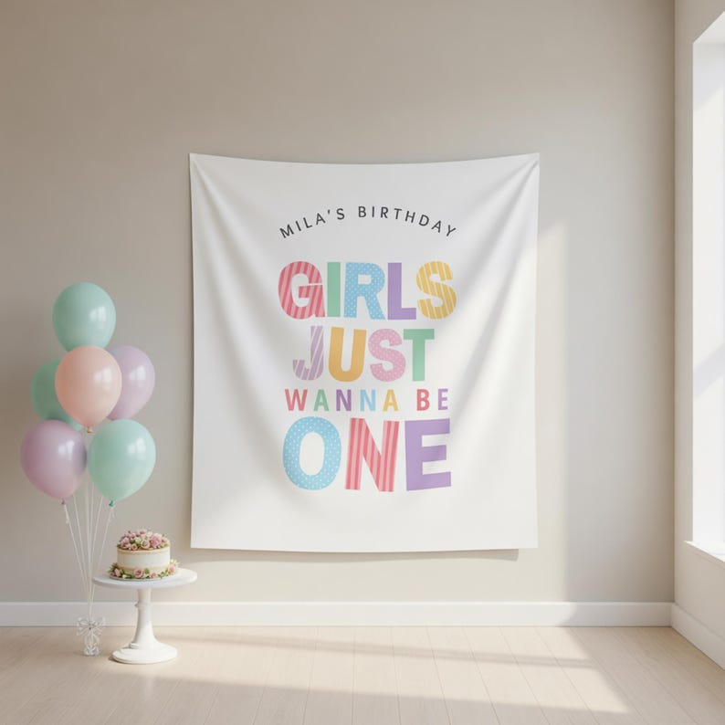 personalized baby girl 1st birthday backdrop with pastel name
