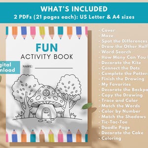 Printable kids activity book with fun mazes, word searches, coloring pages, and doodle prompts. PDF ready to download and print.