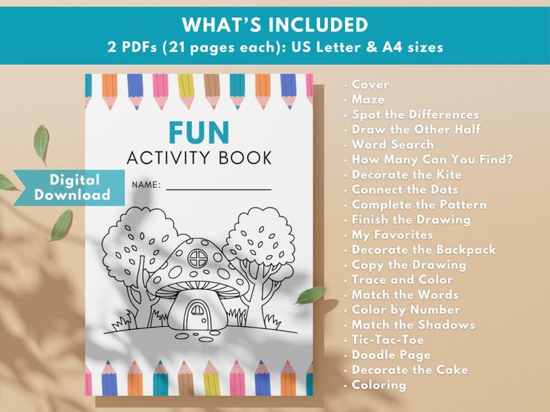Printable kids activity book with fun mazes, word searches, coloring pages, and doodle prompts. PDF ready to download and print.