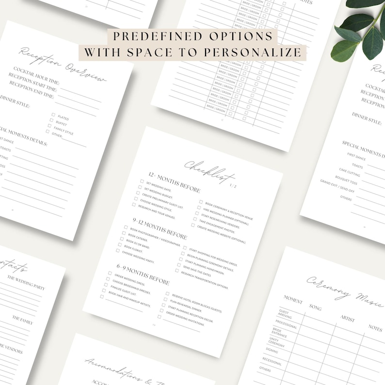 Wedding binder printable pages including RSVP tracker, seating chart and vendor contact list