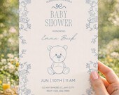 Blue Toile Baby Shower Invitation, Teddy Bear Invite Boy, Chinoiserie Baby Shower Invite, Toile de Jouy Baby Shower, Editable Canva Template