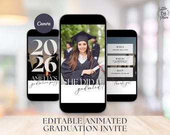 Animated Graduation Evite · Class of 2026 Digital Invitation · Editable Mobile Video Invite Template · Modern Minimalist Design