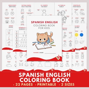 Puede incluir: Un libro para colorear español-inglés para niños, con un dibujo de gato de dibujos animados. La portada muestra el título y un espacio para un nombre. Páginas adicionales muestran ilustraciones de emociones, rutinas diarias, partes del cuerpo, familia, verduras, frutas y más.