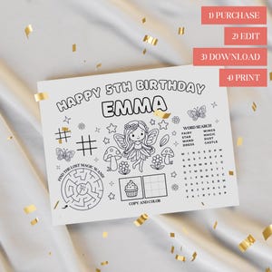 fairy color page kids party placemat printable birthday coloring activity