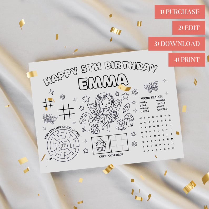 fairy color page kids party placemat printable birthday coloring activity