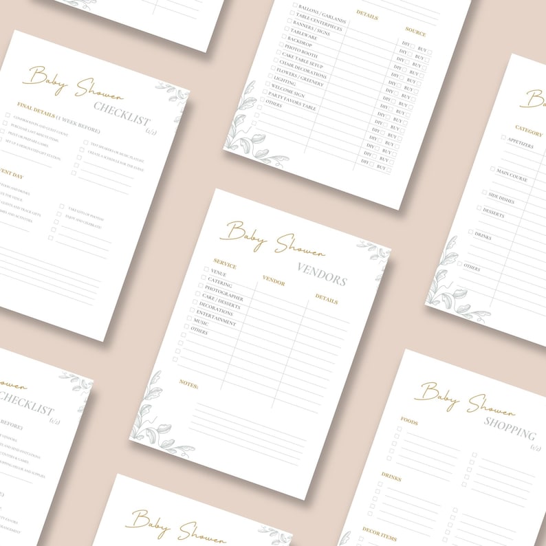 Minimalist neutral baby shower planner with registry checklist and mom-to-be organizer pages, printable PDF.