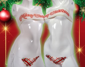 Conjunto de dos piezas "Bree" con estampado de cuadros blancos, verdes y rojos "Feliz Navidad" / Ropa de baile exótica, atuendo de stripper, atuendo navideño de stripper