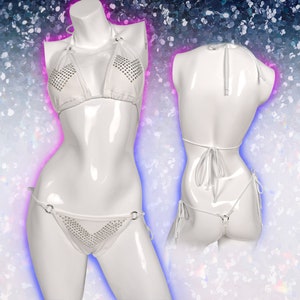 Ready | White and Silver V-Block Rhinestone String Bikini | Exotic Dancewear, Stripper Clothes, Dance wear, Lingerie, Club Outfit