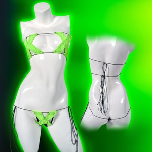 Ready | “Blake” Neon Green and Black X set| Exotic Dancewear, Two-Piece, Stripper Bikini, Dance wear, Lingerie, Unique, Stripper Clothes
