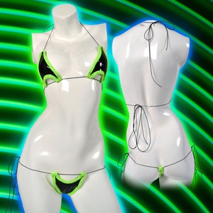 Ready | “Luna” Glossy PVC Black and Neon Green set| Exotic Dancewear, Two-Piece, Stripper Outfit, Dance wear, Lingerie, Exotic Dancer Bikini