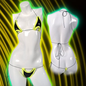 Ready | “Luna” Glossy PVC Black and Neon Yellow micro set| Exotic Dancewear, Two-Piece, Exotic Dancer Outfit, Exotic Dancer Clothes