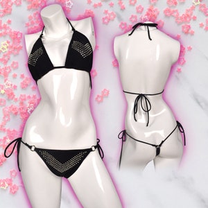 Ready | Black and Silver V-Block Rhinestone String Bikini | Exotic Dancewear, Stripper Clothes, Dance wear, Lingerie, Club Outfit