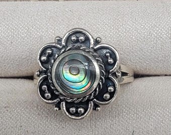 Vintage Style Natural Abalone Sterling Silver Designer Dinner Ring Size 7