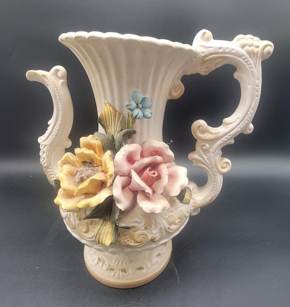 Vintage Capodimonte Bisque Porcelain Ornate Rose Pitcher - 10