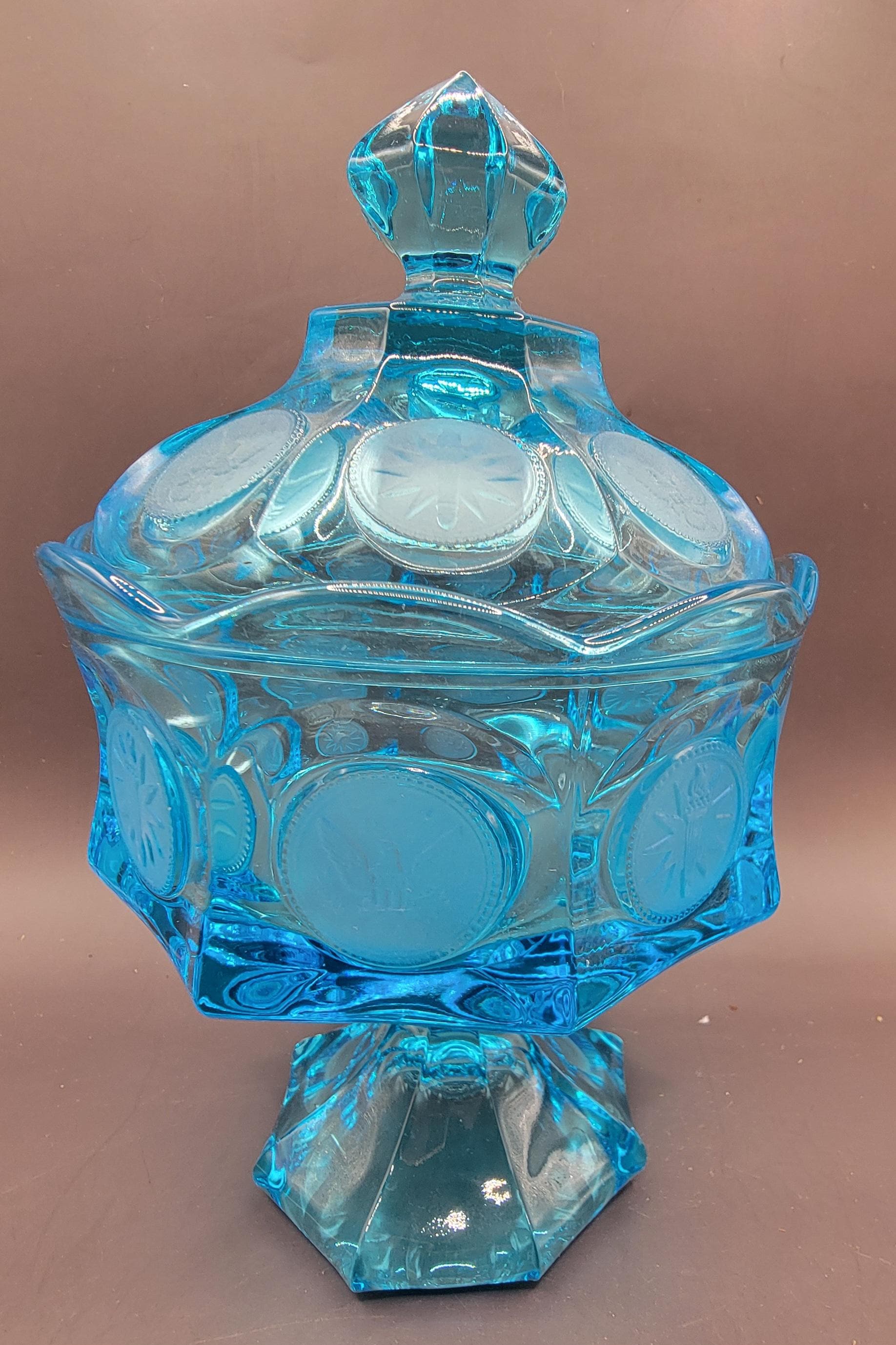 Vintage Fostoria Coin Ice Blue Glass Pedestal Compote - 8