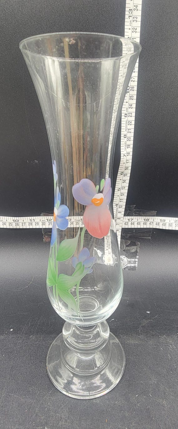 Vintage Clear Glass Hand Painted Flowers Floral Glass Vase - 10