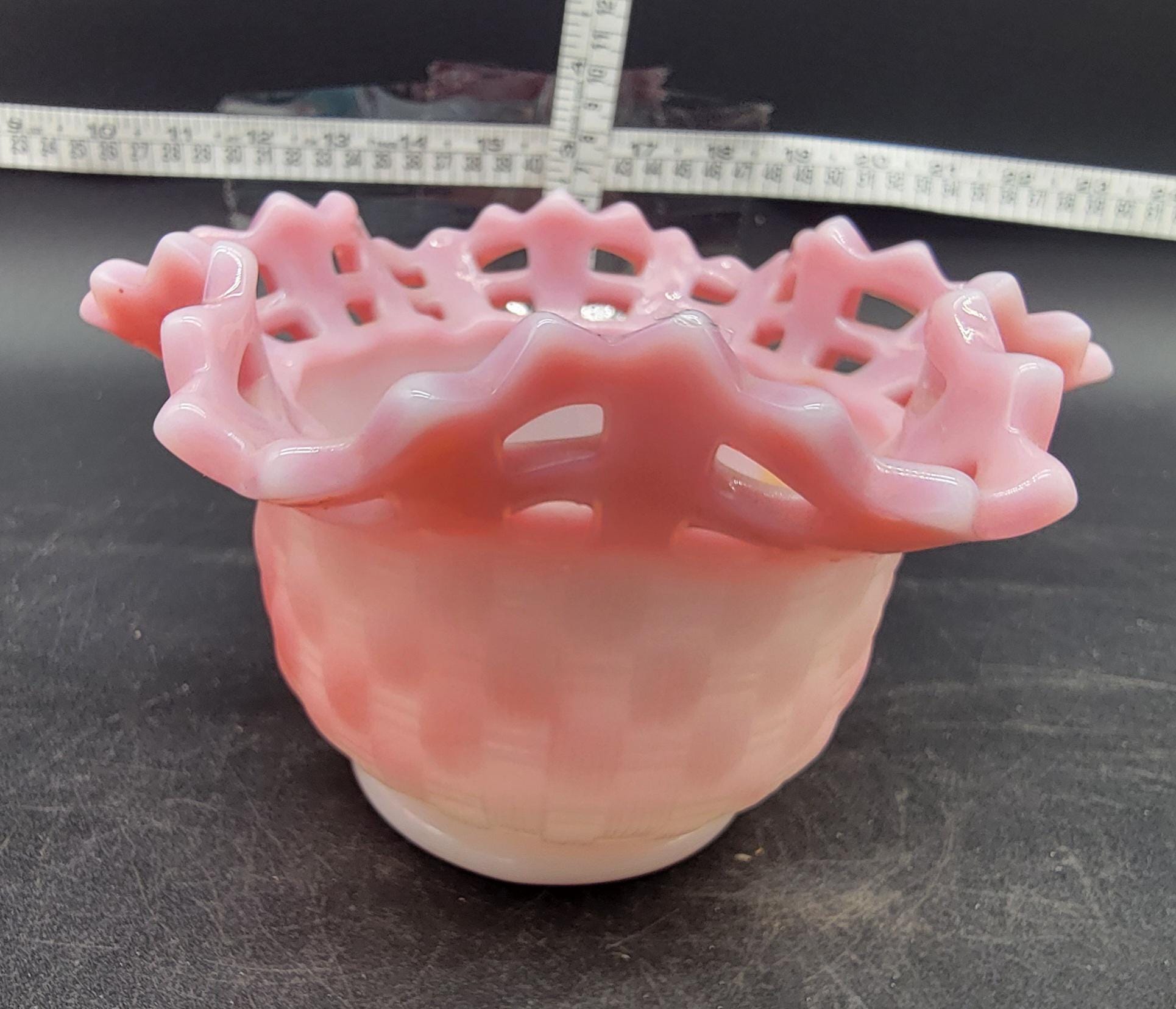 Vintage Fenton Rosalene Pink Basket Weave Glass Reticulated Bowl