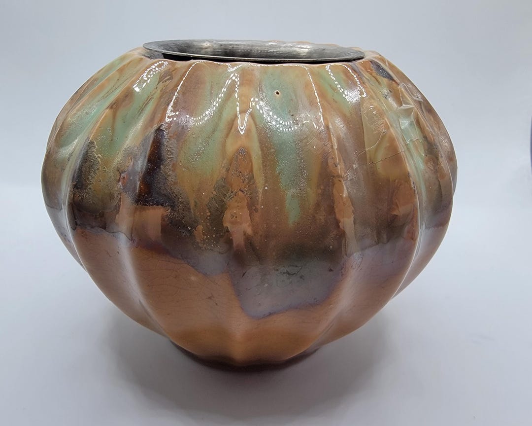 Vintage Green and Gold Ceramic Vase With Removable Insert - Etsy