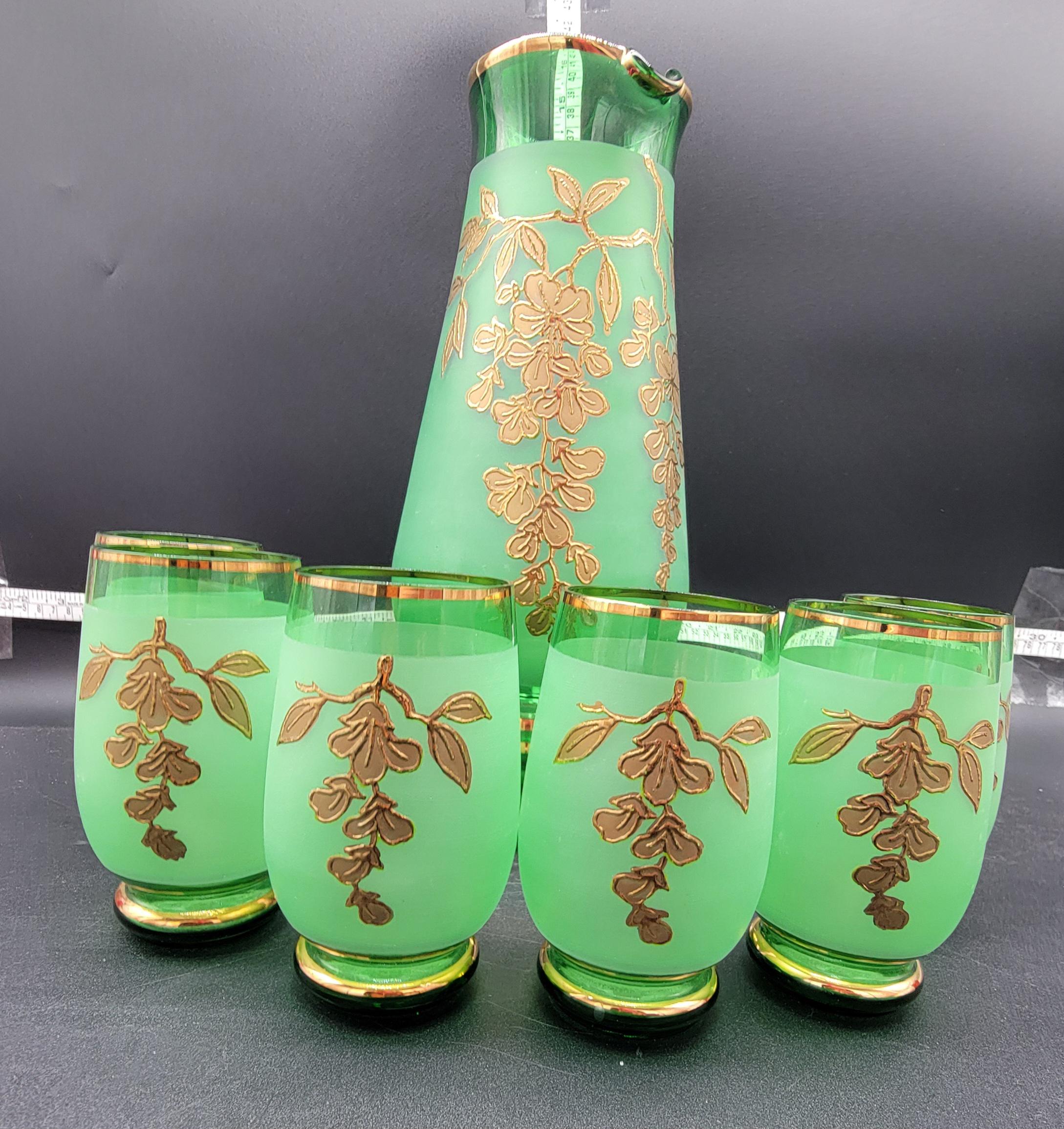 Vintage 1960s Czechoslovakia Green Bohemian Jug Pitcher Set With