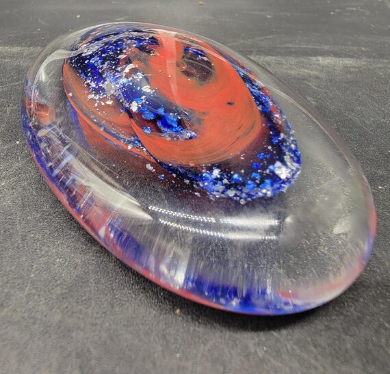 Vintage Murano Glass Paperweight Egg Shaped Blue Red Silver Flecks