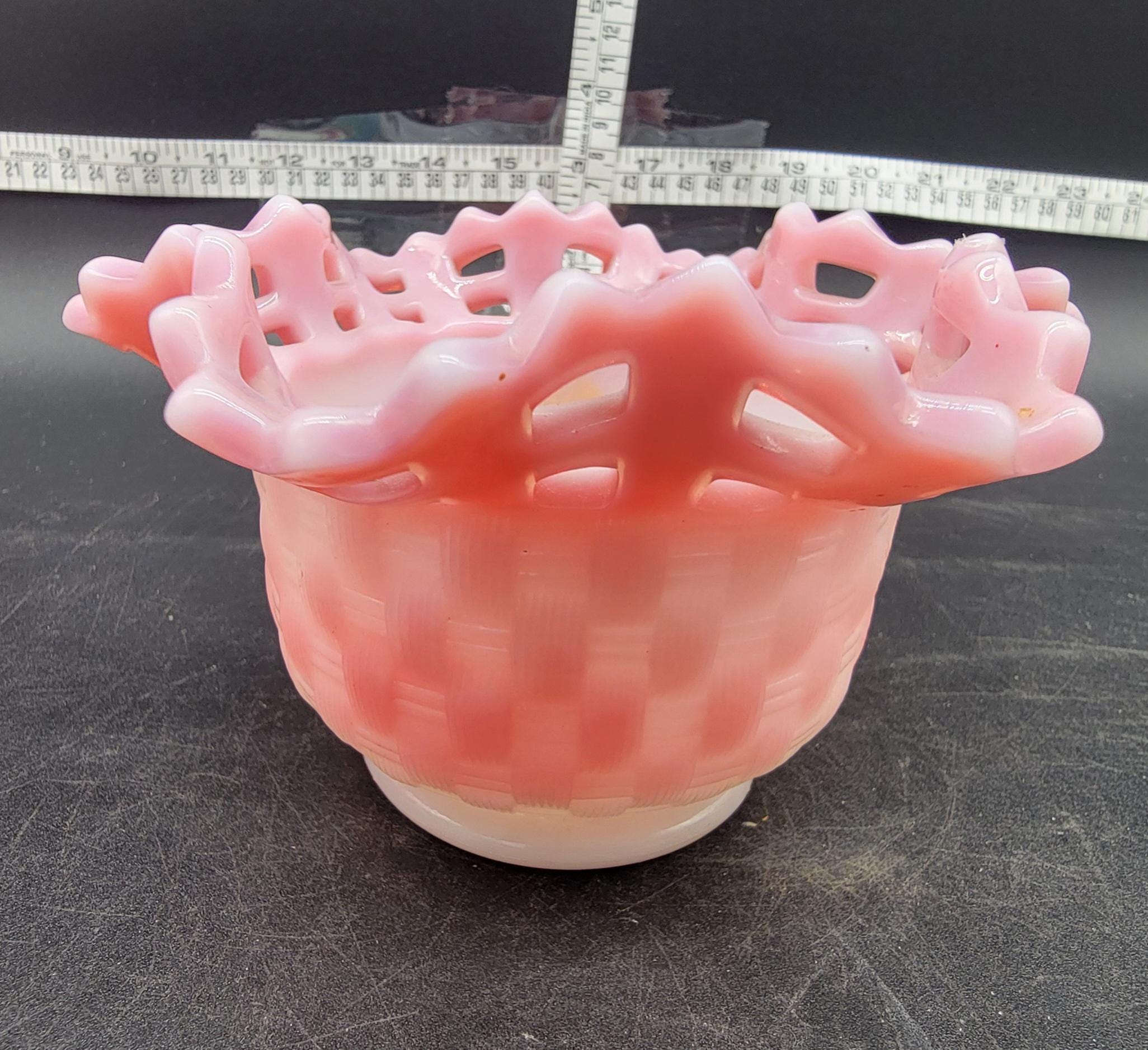 Vintage Fenton Rosalene Pink Basket Weave Glass Reticulated Bowl