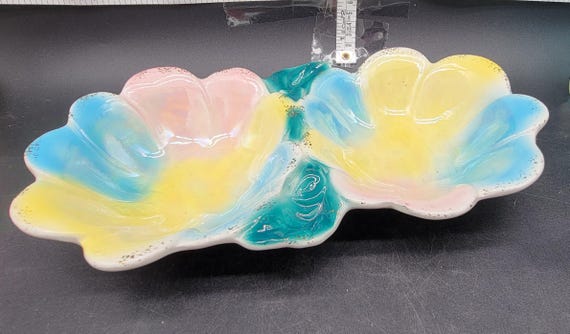 Vintage Teal and Yellow, Pink and Green Divided Dish Ceramic Pansy