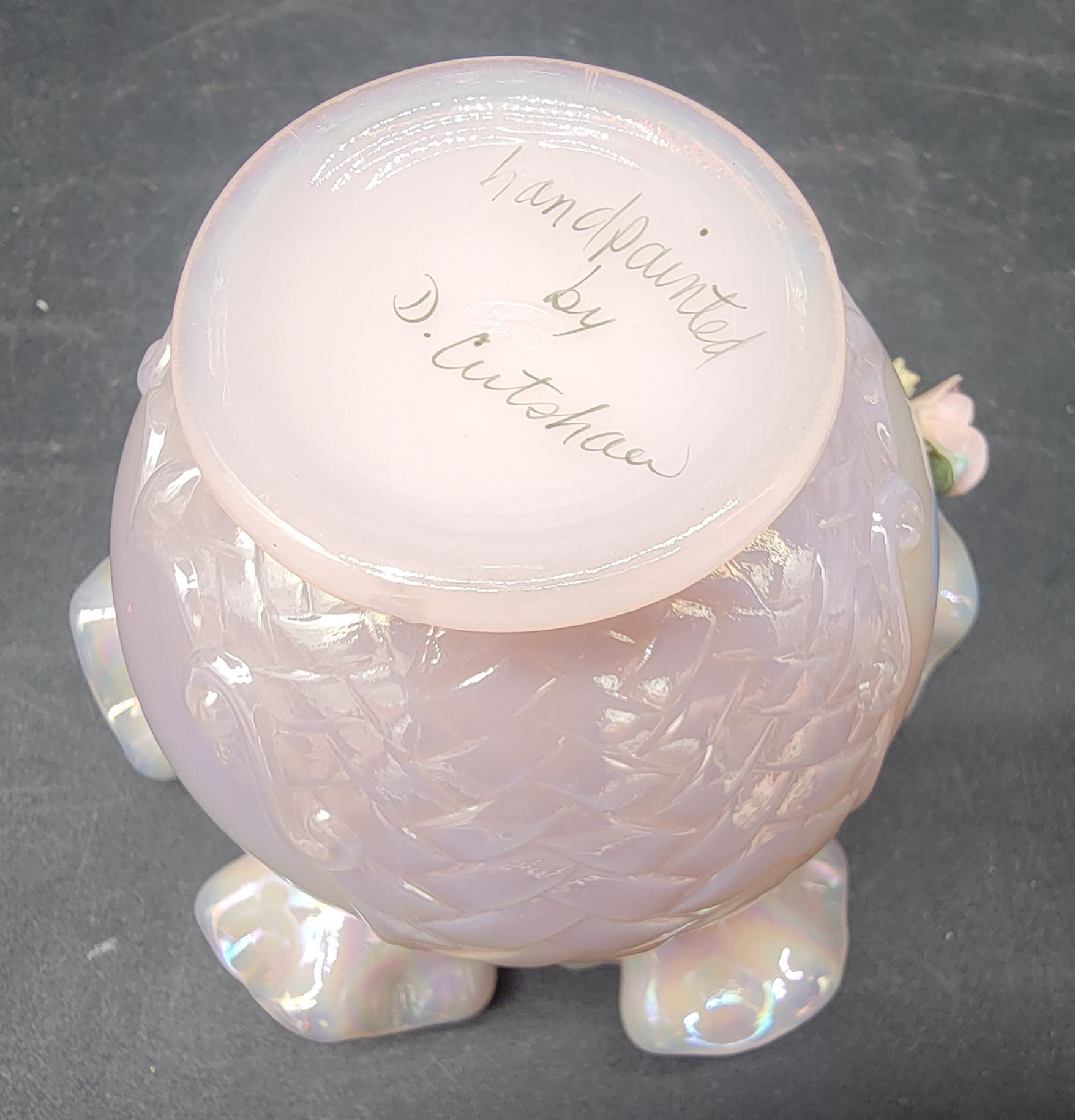 フェントン ピンククレスト Cut & Block オパールセントコンポート Vintage Fenton Opalescent Opaline Pink Rose Bowl Hand