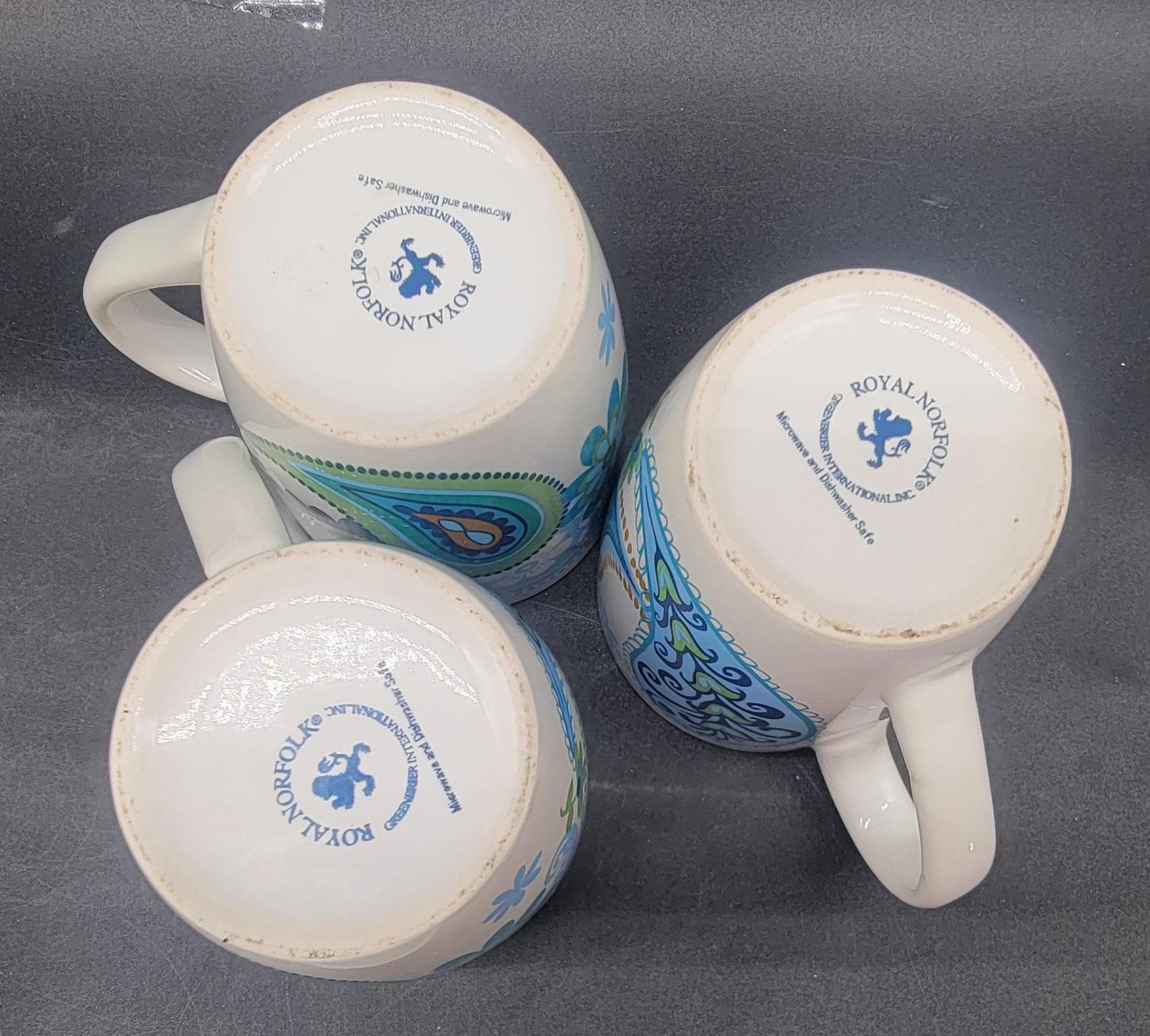 Set of Three Discontinued Royal Norfolk Greenbrier International Paisley  Blue and Green Coffee Mugs 1960s Aesthetic