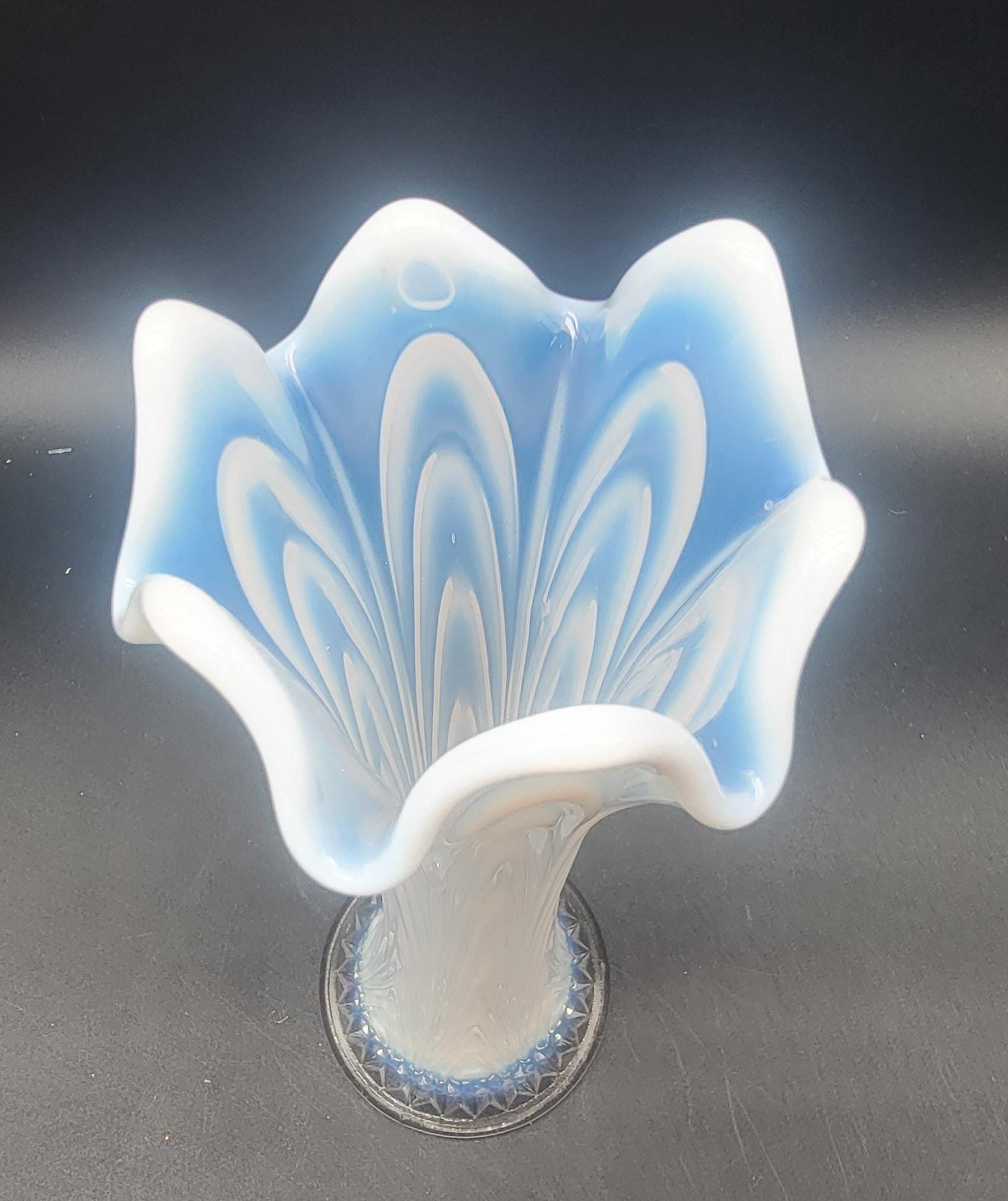 Vintage Fenton White Opalescent Fluted Swung Vase - 8