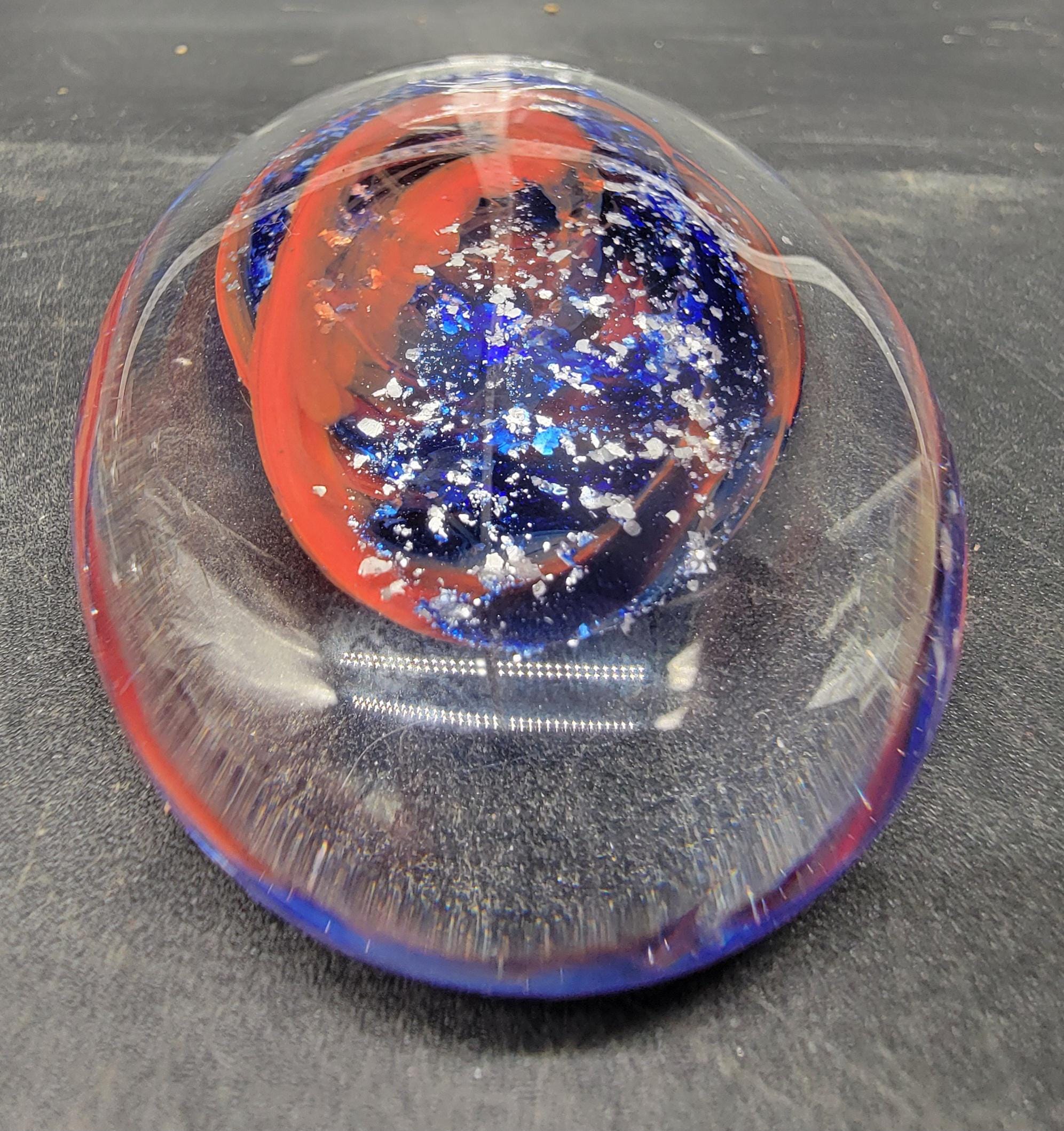 Vintage Murano Glass Paperweight Egg Shaped Blue Red Silver Flecks