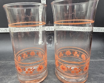 Vintage Hard to Find 1980s Libbey Peach Blossom Full Set of 8 Glass Tumblers