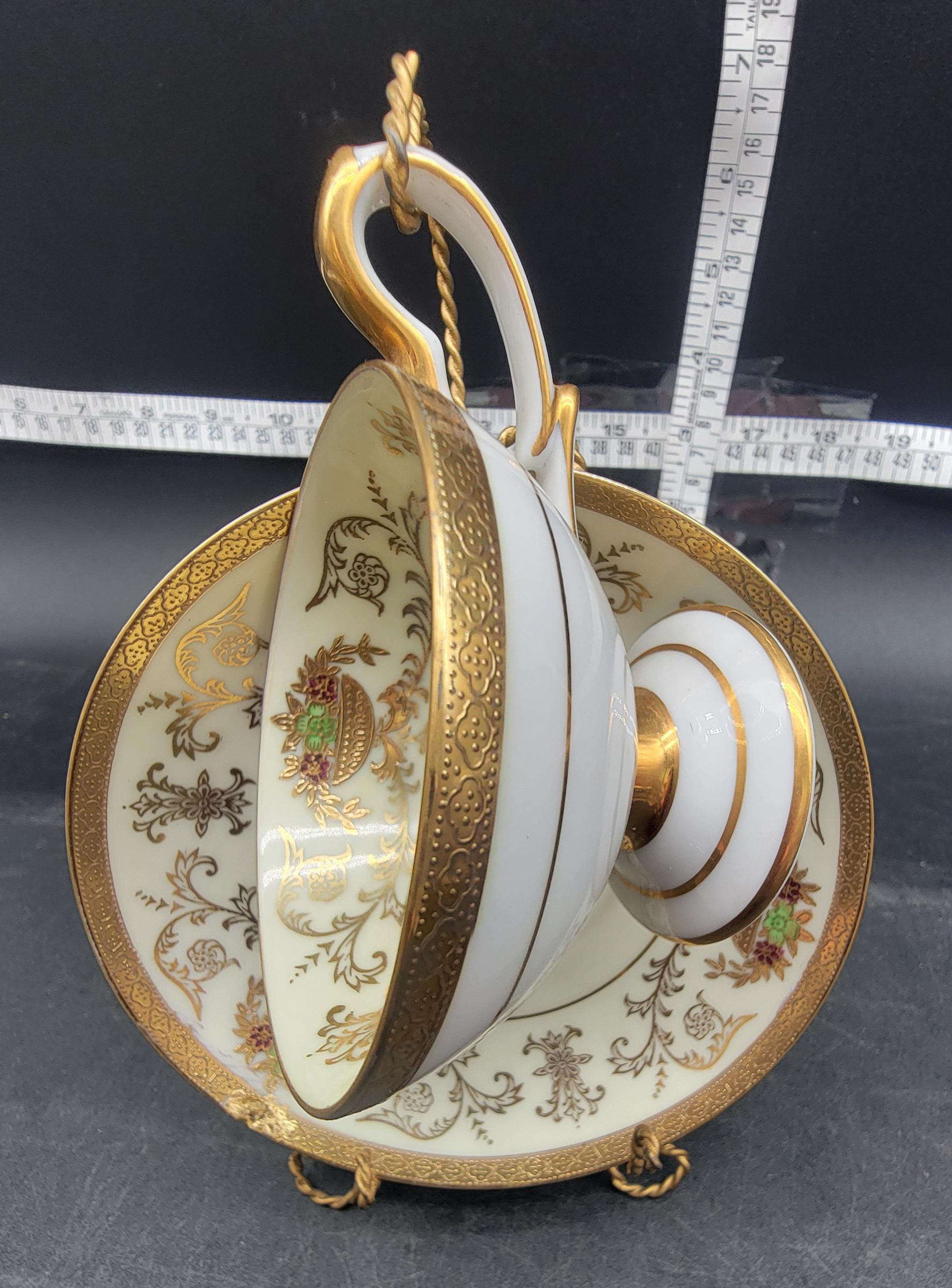 Vintage Wako China Cup & Saucer Black W Gold White Leaf