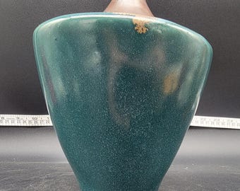 Vintage Pigeon Forge Pottery - Douglas Ferguson - Teal and Cream Ceramic Pottery Vase - Signed