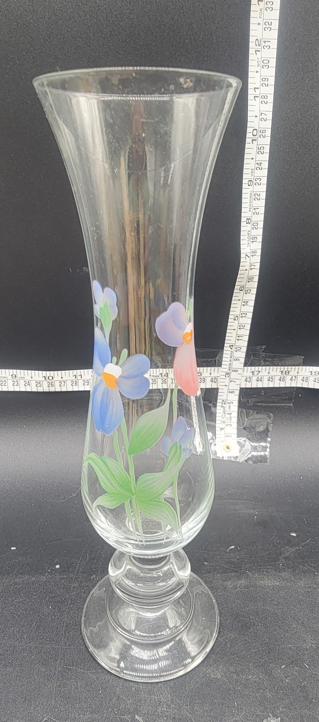 Vintage Clear Glass Hand Painted Flowers Floral Glass Vase - 10