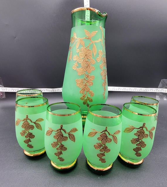 Vintage 1960s Czechoslovakia Green Bohemian Jug Pitcher Set With