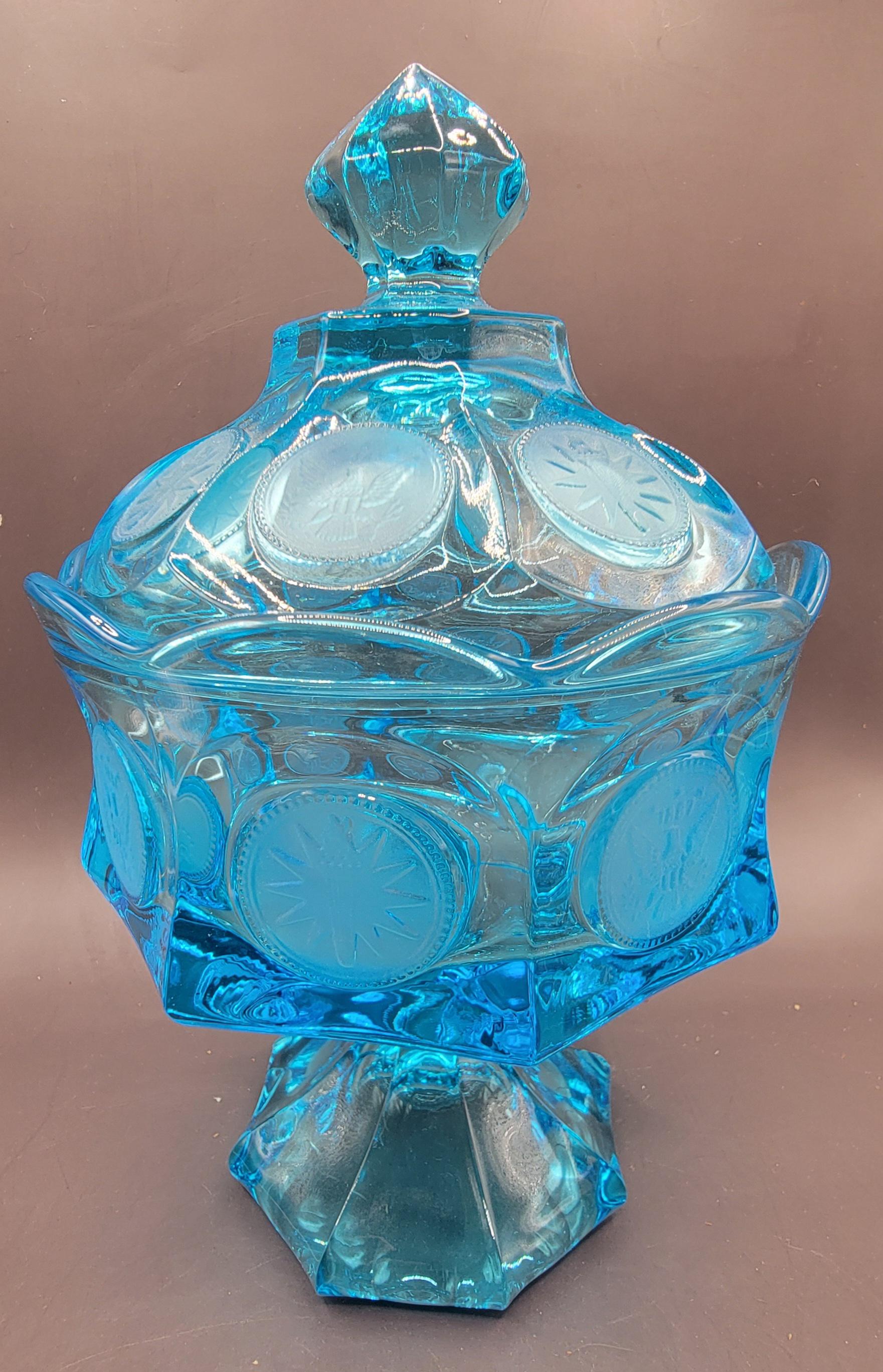 Vintage Fostoria Coin Ice Blue Glass Pedestal Compote - 8