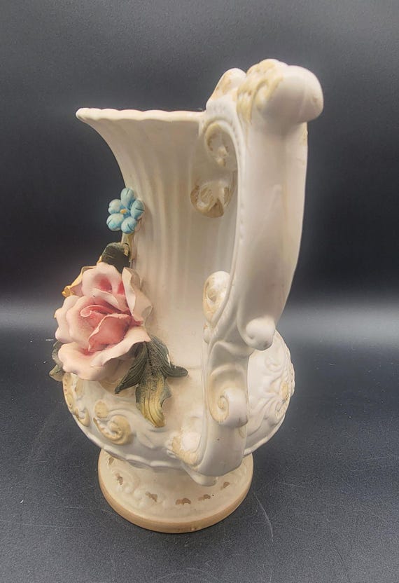 Vintage Capodimonte Bisque Porcelain Ornate Rose Pitcher - 10