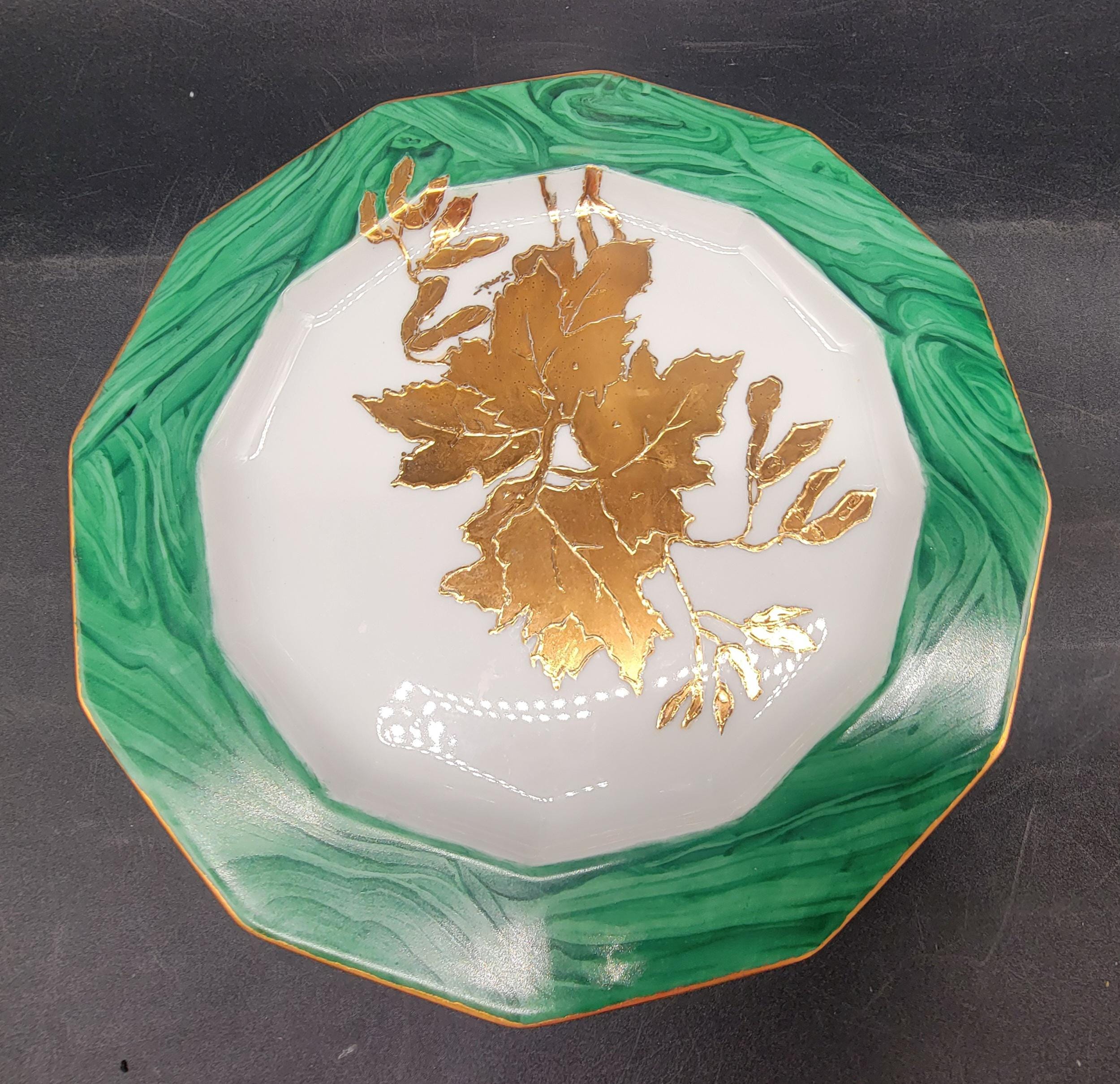 rosenthal germanyヴィンテージ希少ボンボニエール Vintage Rosenthal Germany 12 Sided Hand Painted Green and Gold