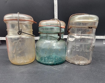 蓋付きヴィンテージガラスジャー：ボール、アトラス、二重安全 - 3個