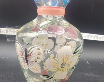 Vaso in vetro vintage decorato a mano con motivi floreali e farfalle - 15 cm
