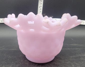 Vintage Fenton Rosalene Pink Basket Weave Glass Reticulated Bowl