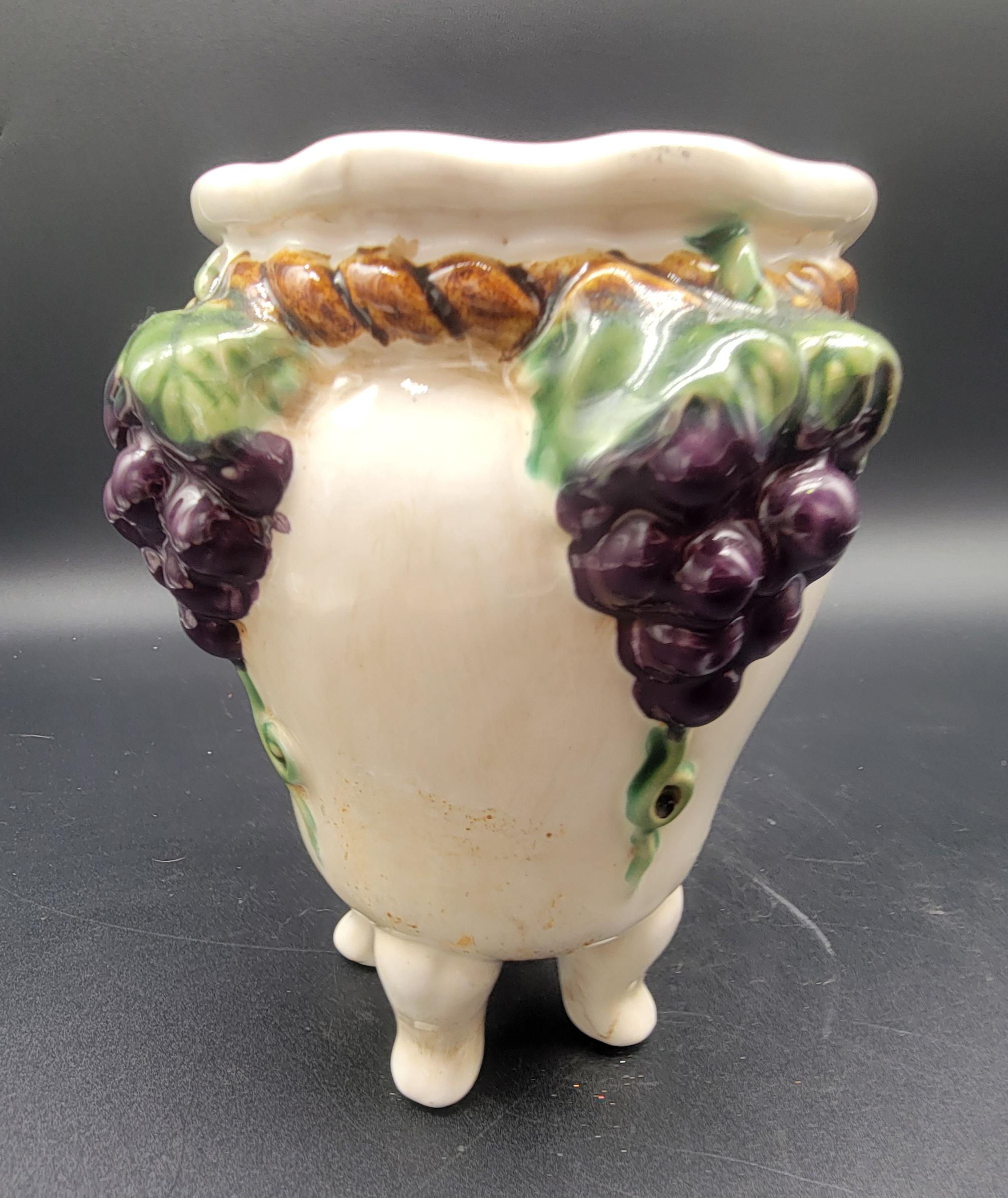 Vintage Grapes Floral and Cream Ivory Ceramic Planter Footed Base