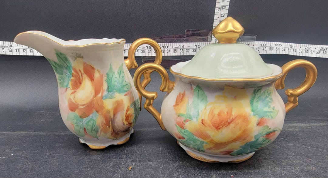 Vintage Porcelain Hand Painted Floral Sugar Bowl and Creamer Set - Etsy
