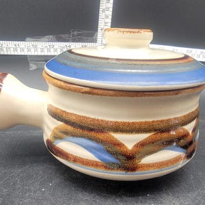 Vintage 1970-tals Andre Ponche Stonecrest JI Keramik Lerkruka Handtag och Lock Blå och Brun - 15 cm