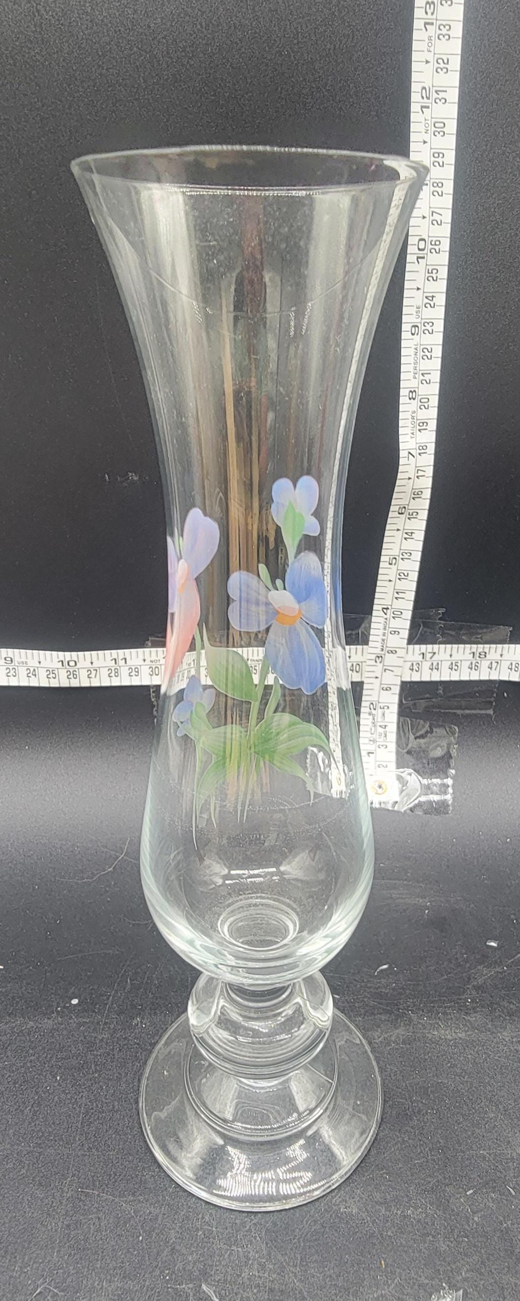 ●MODERN VINTAGE GLASS FLOWER VASE● Vintage Clear Glass Hand Painted Flowers Floral Glass Vase - 10