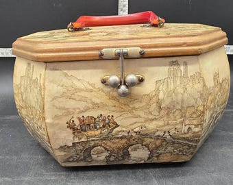 Vintage Anton Pieck Wooden Octagon Decoupage Box Purse with Lucite Handle
