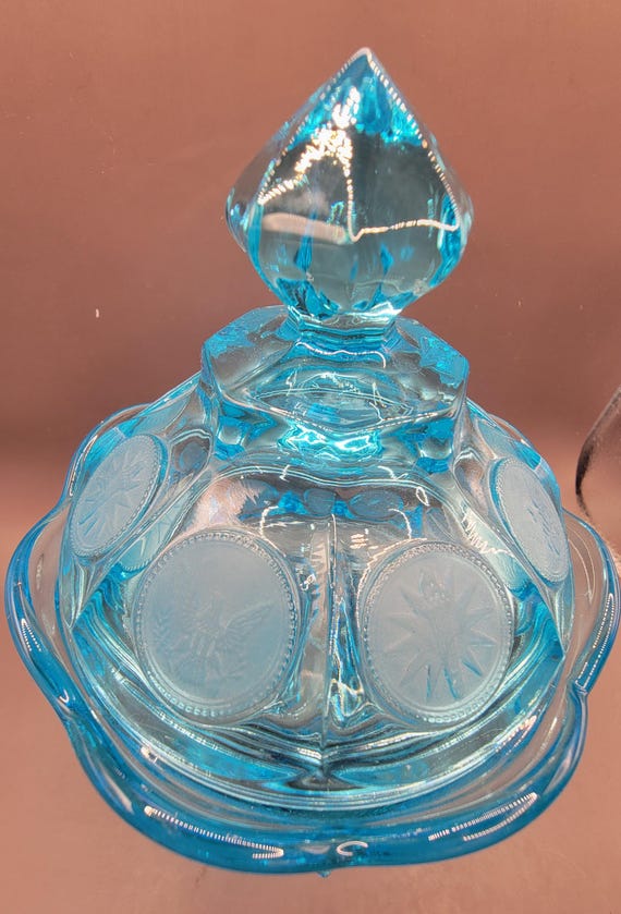 Vintage Fostoria Coin Ice Blue Glass Pedestal Compote - 8